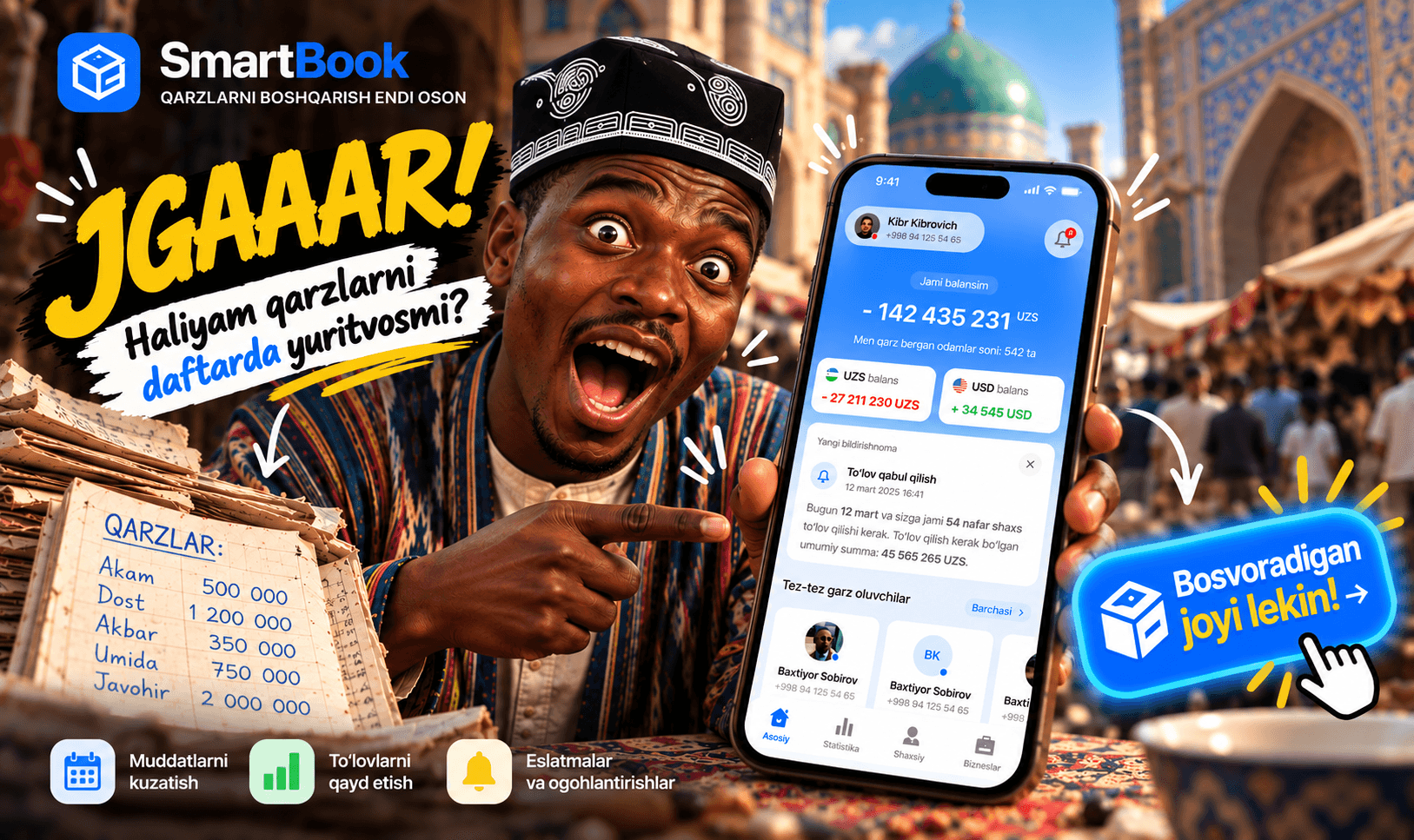 Smart Book reklamasi: «JGAAAR! Haliyam qarzlarni daftarda yuritvosmi?» — ilova bilan qarzlarni boshqarish endi oson